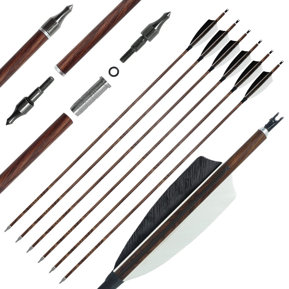 28"/30" Pure Carbon Wood Archery Spine 400/500/600 with Removable Tip 4" True Feather Arrows for Recurve and Compound Bows and Traditional Bow Hunting Target Practice (6 Pack) (30 inches,Spine 400)
