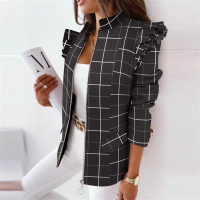 LSCZSLYH Autumn Vintage Plaid Printed Suit Coats O-Neck Long Sleeve Zipper Cardigan Coat Women Slim Jackets (Color : Style2, Size : S)