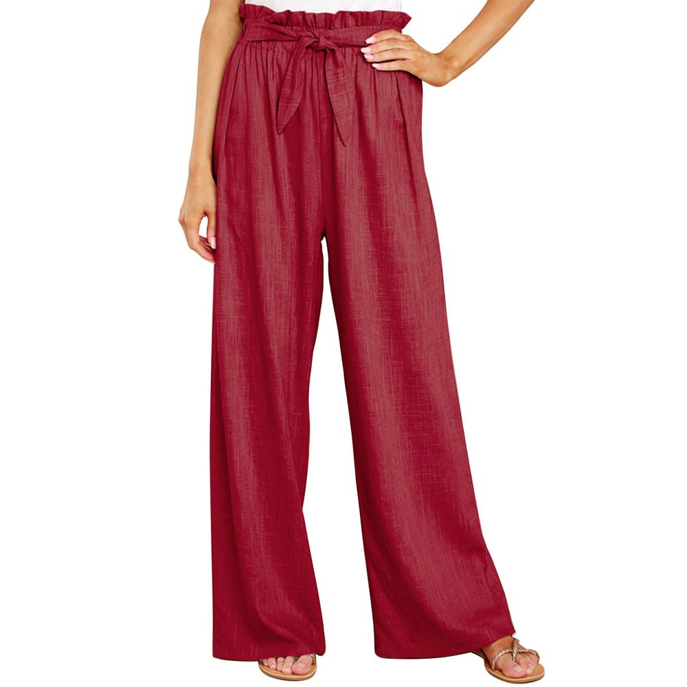 Cocoarm Women Wide Leg Casual Pants Elegant Long Lounge Palazzo with Belt Straight Loose(XXL-Wine red)