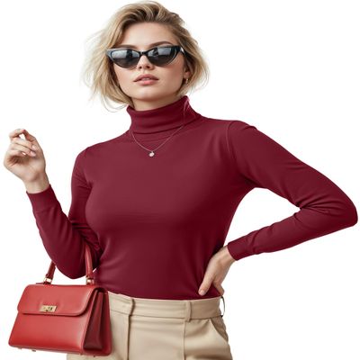 NY Threads Women's Turtleneck Long Sleeve Shirt Slim Fit Thermal Base Layer Tops 1 Pack, Medium, Red