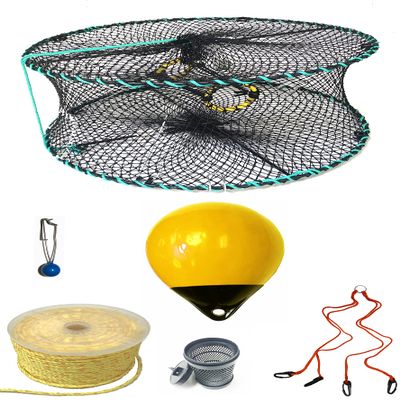 KUFA Sports Foldable Prawn Trap (Stretched Mesh Size:1-1/8") with 400' Rope, Yellow Float, Bait Bag & Harness Combo (PRN58+PNP30Y+HA2)