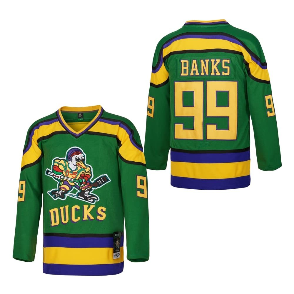 D-5 Men Mighty Ducks Jersey #33 Goldberg #66 Bombay #96 Conway #99 Banks Jersey,Movie Ice Hockey Jersey for Men S-XXXL (#99-Green, Medium)