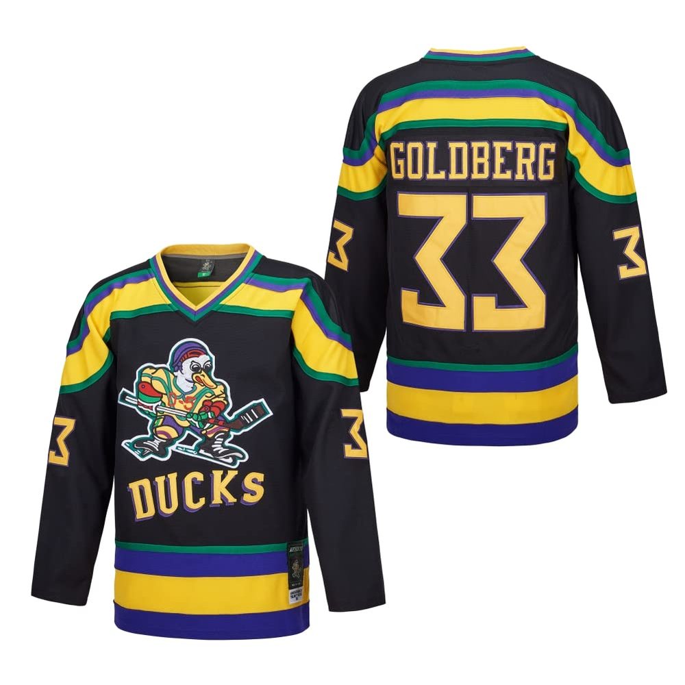 D-5 Men Mighty Ducks Jersey #33 Goldberg #66 Bombay #96 Conway #99 Banks Jersey,Movie Ice Hockey Jersey for Men S-XXXL (#33-Black, X-Large)