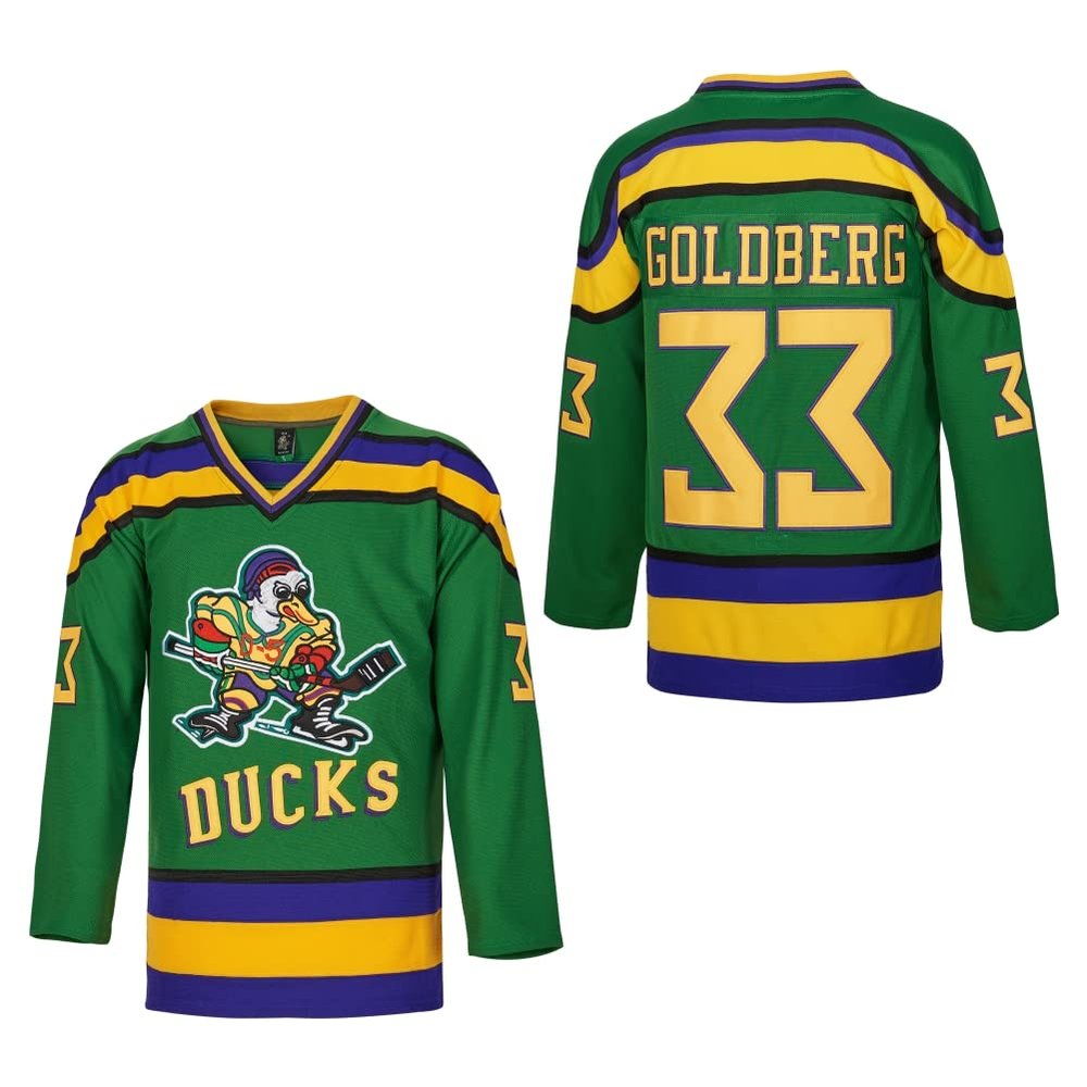 D-5 Men Mighty Ducks Jersey #33 Goldberg #66 Bombay #96 Conway #99 Banks Jersey,Movie Ice Hockey Jersey for Men S-XXXL (#33-Green, Large)