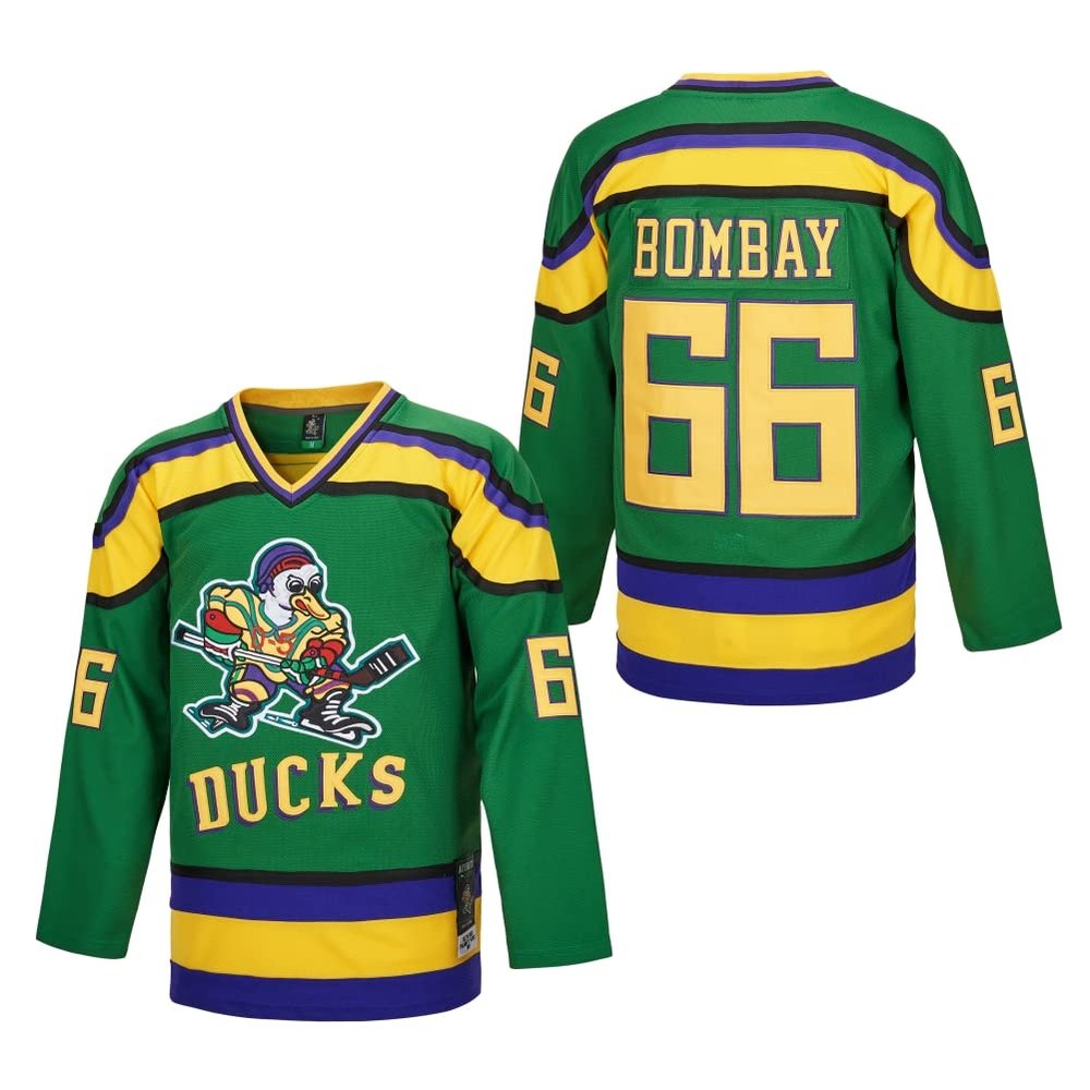 D-5 Men Mighty Ducks Jersey #33 Goldberg #66 Bombay #96 Conway #99 Banks Jersey,Movie Ice Hockey Jersey for Men S-XXXL (#66-Green, X-Large)