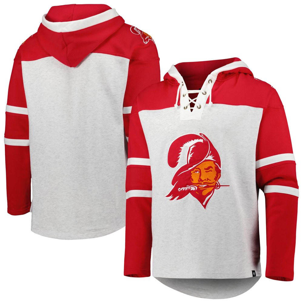 47 Men's Tampa Bay Buccaneers Heather Gray Historic Logo Gridiron Lace-Up Pullover Hoodie