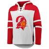 47 Men's Tampa Bay Buccaneers Heather Gray Historic Logo Gridiron Lace-Up Pullover Hoodie view 2