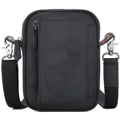 Mini Cell Phone Shoulder Bag for Men, Classic Crazy Horse Leather Messenger Bag, Belt Bag with Adjustable Strap & Belt Loop