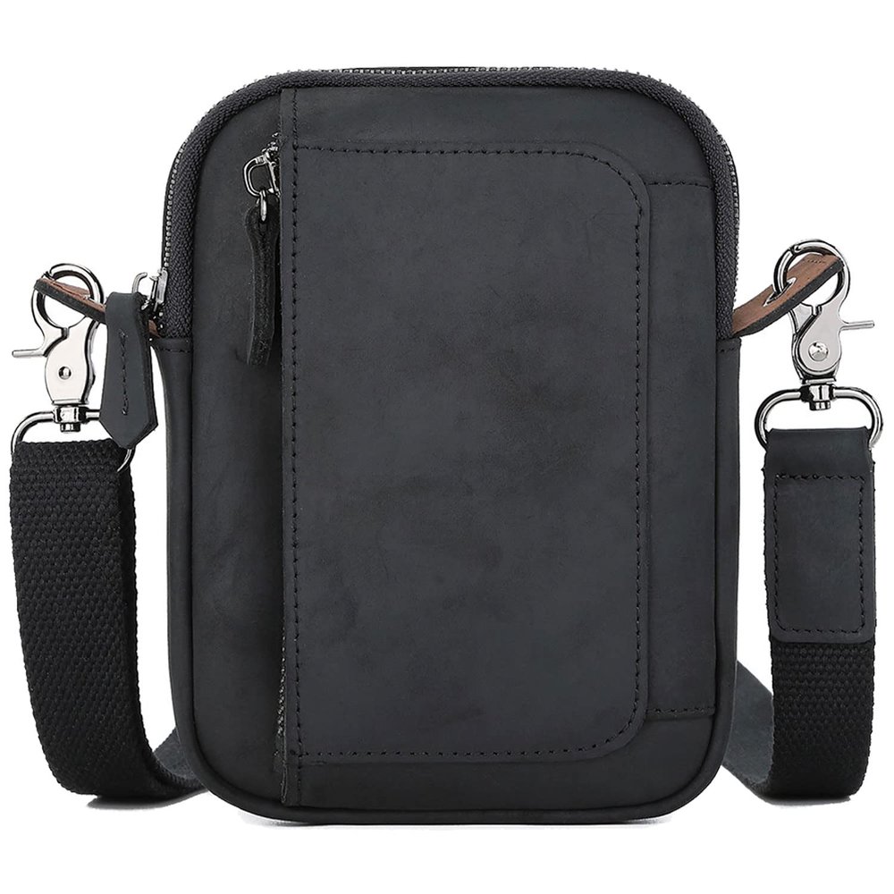Mini Cell Phone Shoulder Bag for Men, Classic Crazy Horse Leather Messenger Bag, Belt Bag with Adjustable Strap & Belt Loop