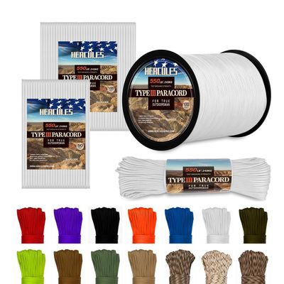 HERCULES Type III Paracord 550 Paracord Rope Parachute Cord, 100' White for Survival Rope, Survival Cord