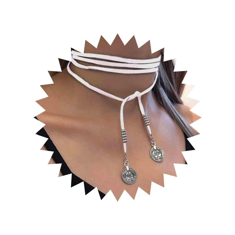 Aneneiceera Vintage Long Vagan Suede Necklace White Boho Leather Wrap Choker Necklace Leather Disc Coin Necklace Sweater Chain Jewelry for Women