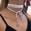 Aneneiceera Vintage Long Vagan Suede Necklace White Boho Leather Wrap Choker Necklace Leather Disc Coin Necklace Sweater Chain Jewelry for Women view 2