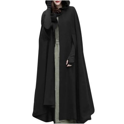 tuduoms Women's Winter Hooded Cape Trench Coat Wool Blend Long Cape Poncho Renaissance Witch Cosplay Cape Halloween Costumes Black