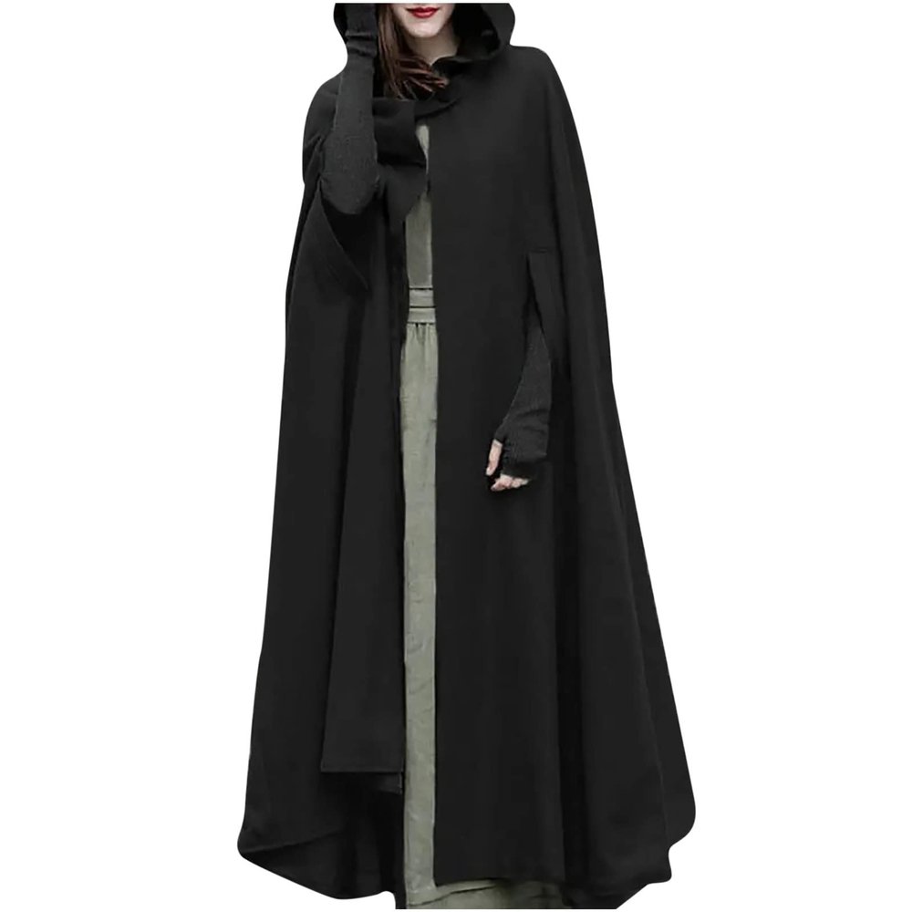 tuduoms Women's Winter Hooded Cape Trench Coat Wool Blend Long Cape Poncho Renaissance Witch Cosplay Cape Halloween Costumes Black