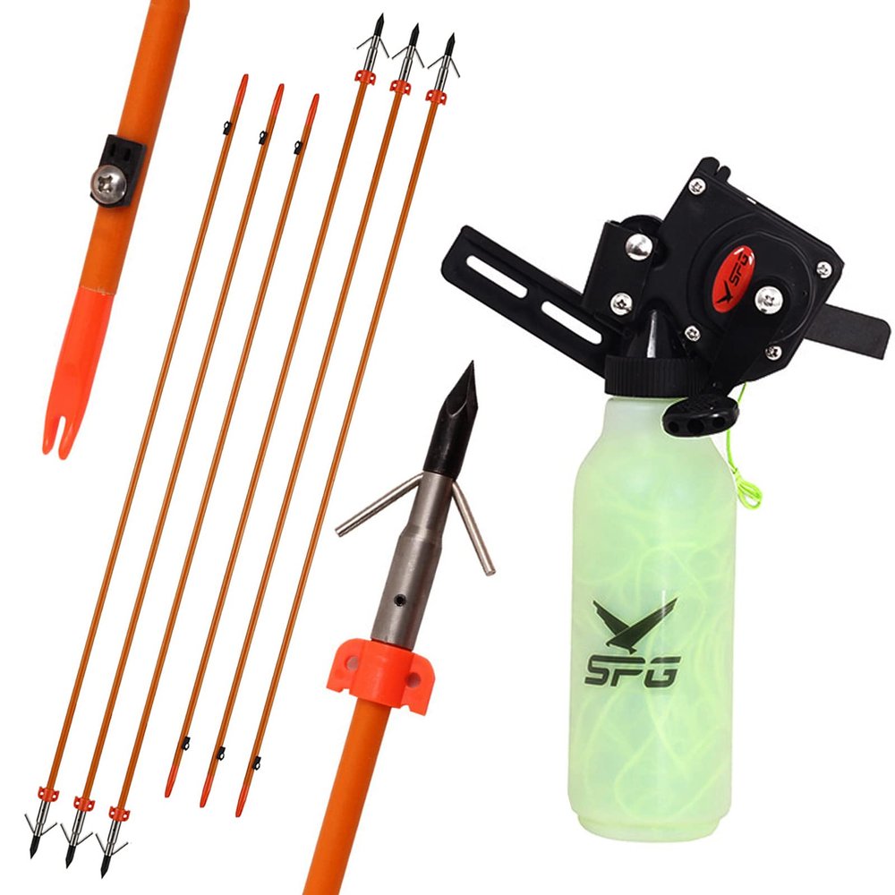 Archery Bow Fishing Reel Kit Bowfishing Reel with Bowfishing Arrows Set Fiberglass Fishing Arrows Bowfishing Tool Accessories (Orange)