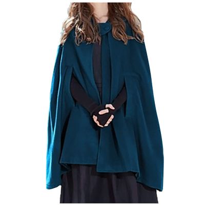 tuduoms Women's Winter Hooded Cape Poncho Coat Wool Blend Short Cape Jacket Renaissance Witch Cosplay Cape Halloween Costumes Blue