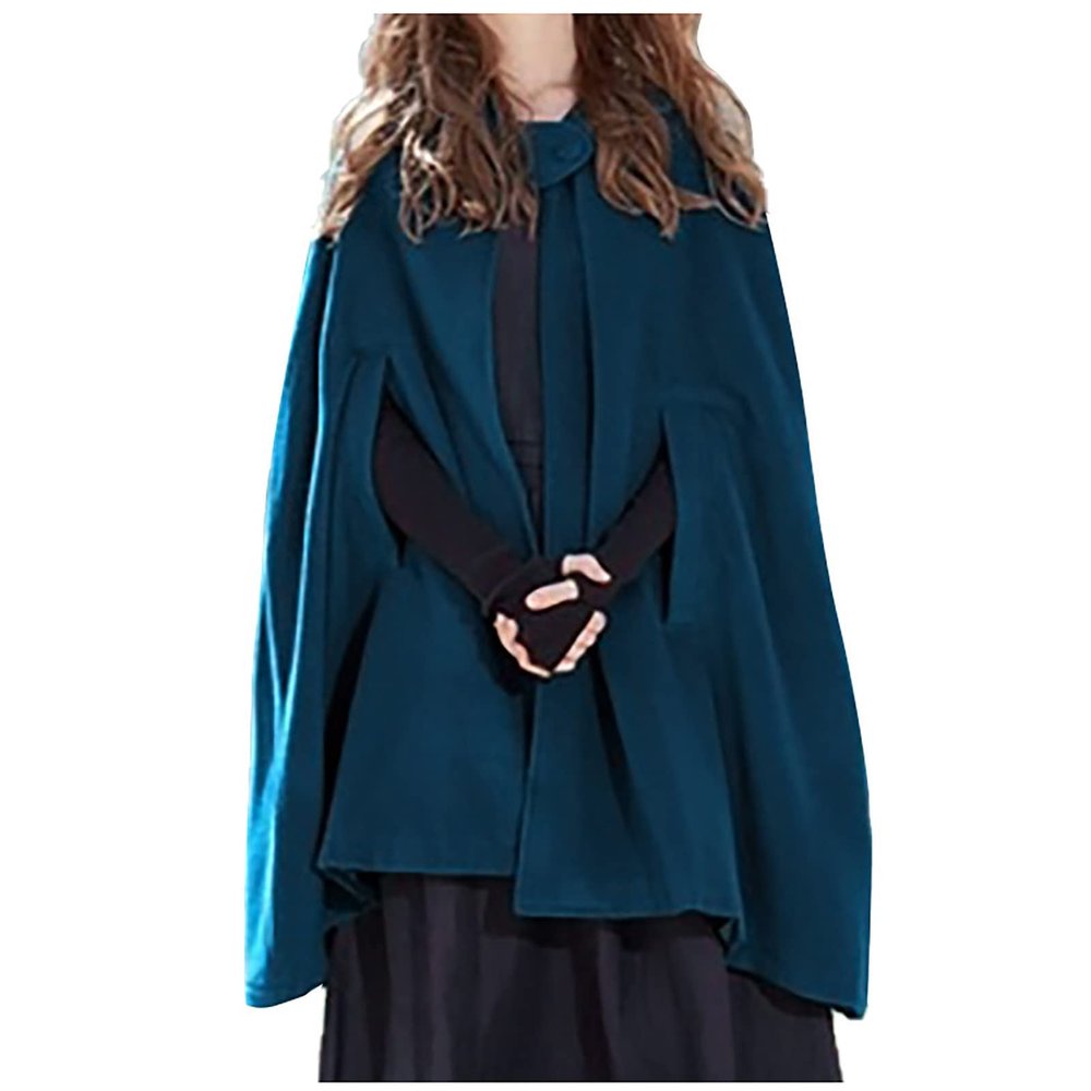 tuduoms Women's Winter Hooded Cape Poncho Coat Wool Blend Short Cape Jacket Renaissance Witch Cosplay Cape Halloween Costumes Blue