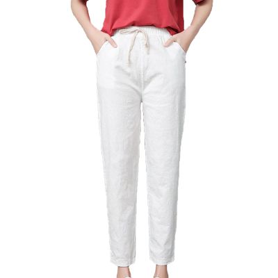 DGHM-JLMY Women's Tapered Waist Ankle Pants Cotton Linen Thin Straight Loose Drawstring Soft Cropped Pants Elastic Waist (White,Small,5,OZ)