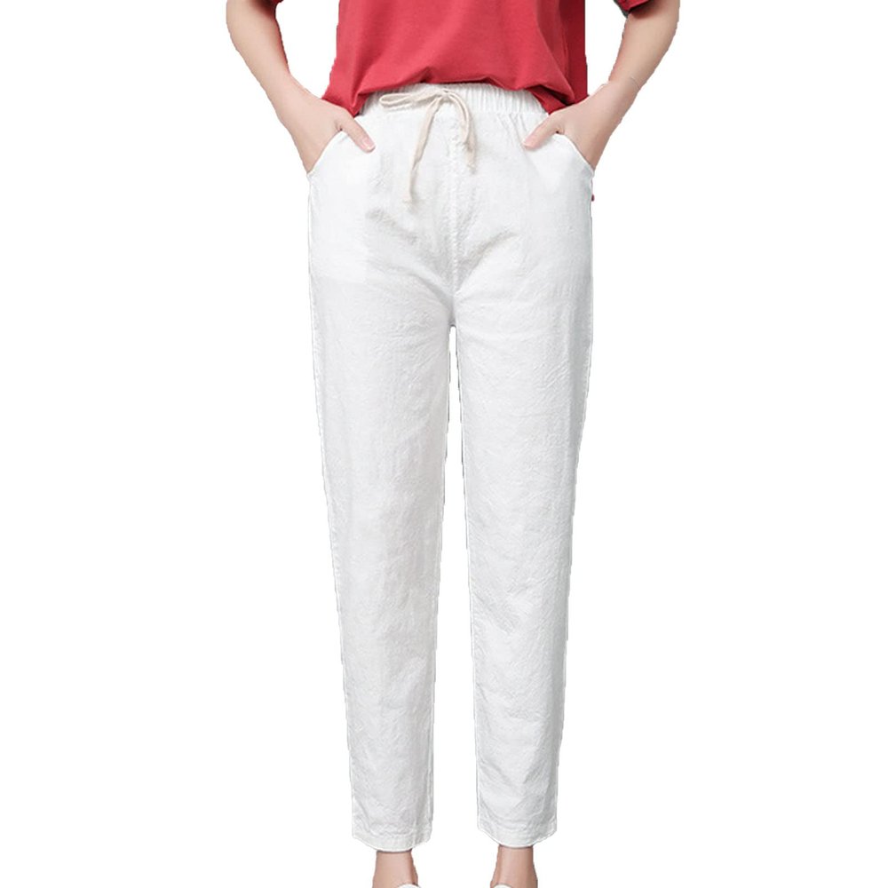 DGHM-JLMY Women's Tapered Waist Ankle Pants Cotton Linen Thin Straight Loose Drawstring Soft Cropped Pants Elastic Waist (White,Small,5,OZ)