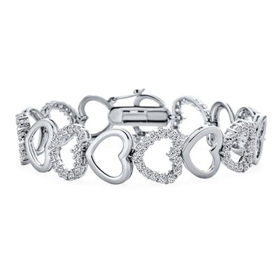 Bling Jewelry Bridal Clear Pave Cubic Zirconia AAA CZ Eternity Bracelet Open Heart Shape For Women Wedding Rhodium Silver Plated 7 Inch