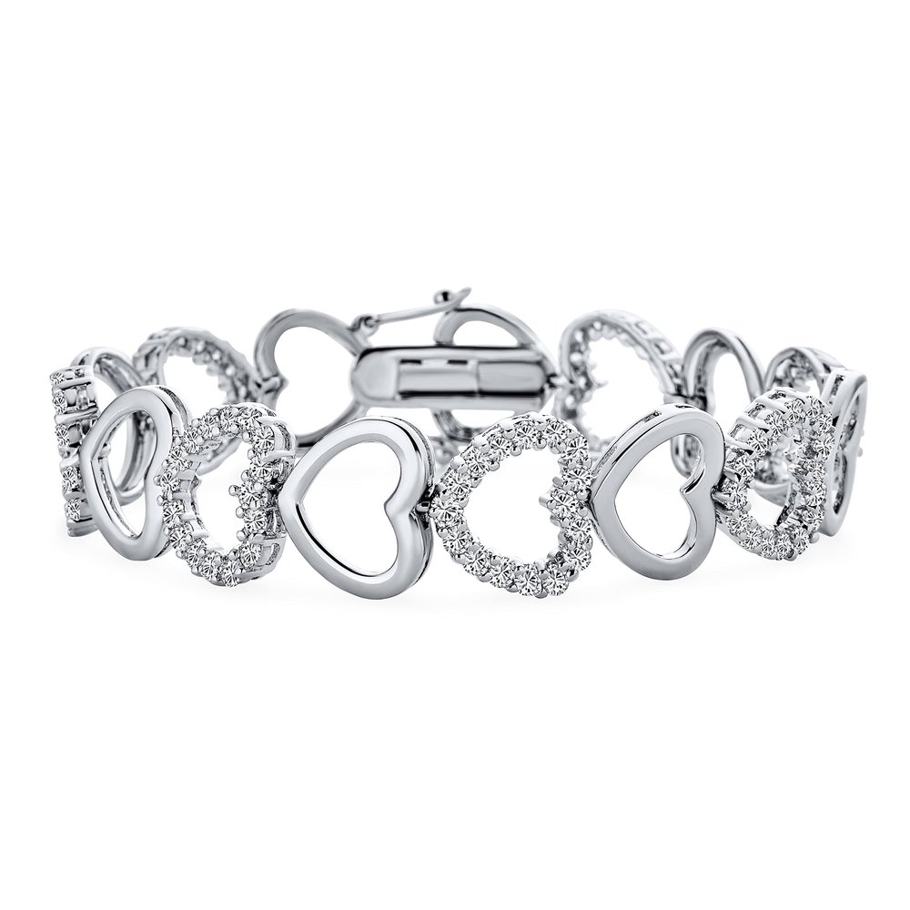 Bling Jewelry Bridal Clear Pave Cubic Zirconia AAA CZ Eternity Bracelet Open Heart Shape For Women Wedding Rhodium Silver Plated 7 Inch