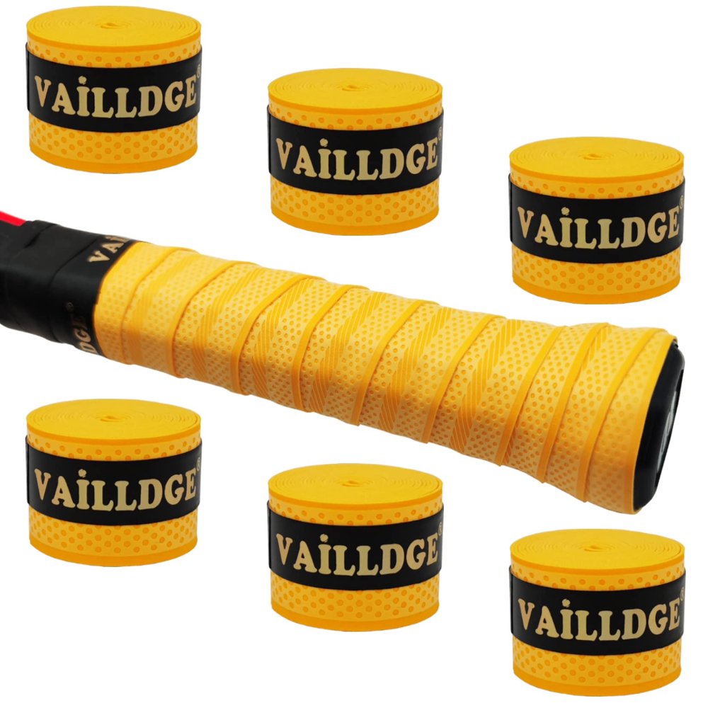 Vailldge Tennis Racket Grip Tape - Pattern Dots Grip Tape Absorbs Sweat Tennis Grip Anti Slip Overgrip for Tennis Racquet Squash Racket Badminton Baseball Bat Pingpong Paddle (Yellow 6pack)