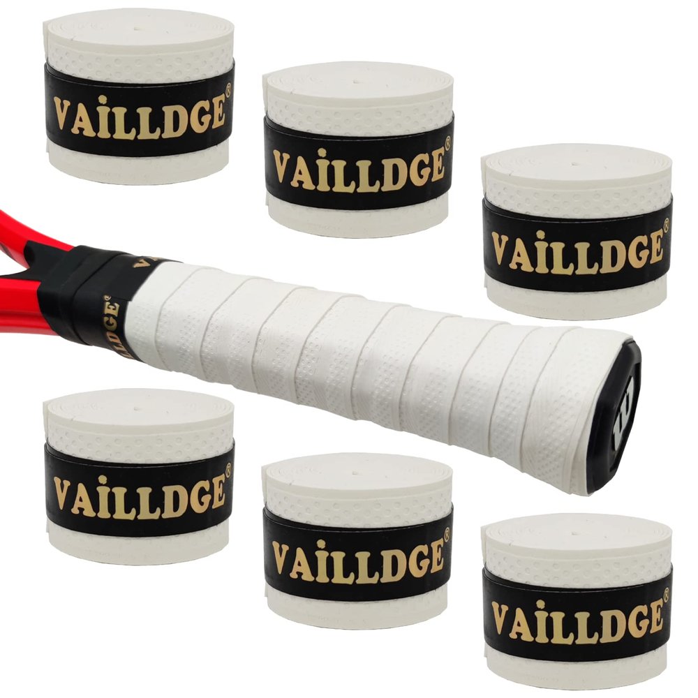 Vailldge Tennis Racket Grip Tape - Pattern Dots Grip Tape Absorbs Sweat Tennis Grip Anti Slip Overgrip for Tennis Racquet Squash Racket Badminton Baseball Bat Pingpong Paddle (White 6pack)