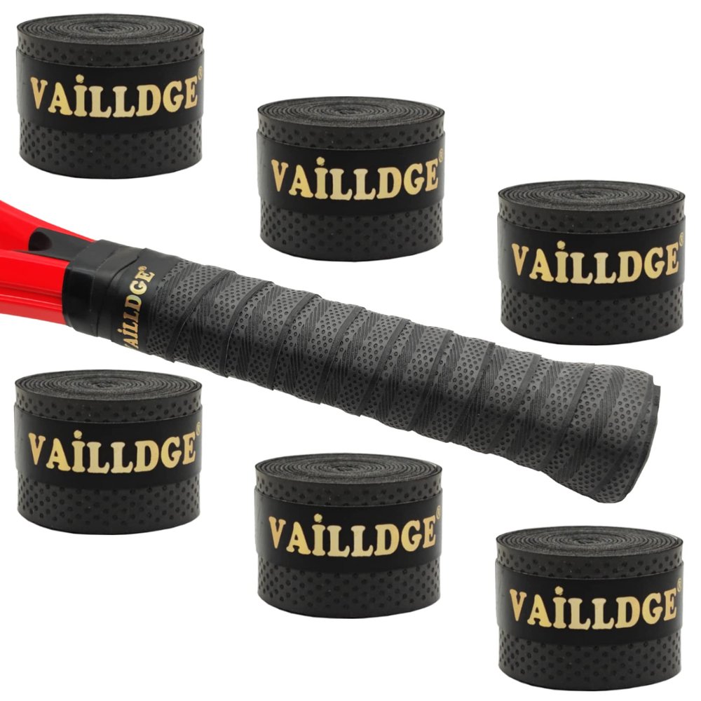 Vailldge Tennis Racket Grip Tape - Pattern Dots Grip Tape Absorbs Sweat Tennis Grip Anti Slip Overgrip for Tennis Racquet Squash Racket Badminton Baseball Bat Pingpong Paddle (Black 6pack)