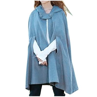 tuduoms Women's Winter Hooded Cape Poncho Coat Wool Blend Short Cape Jacket Renaissance Witch Cosplay Cape Halloween Costumes Light Blue