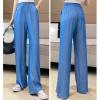DGHM-JLMY Solid Casual Ice Silk Wide Leg Pants Women Elastic Waist Long Straight Pant Summer Drawcord Vertical Trousers (Blue,Medium,5,OZ) view 2