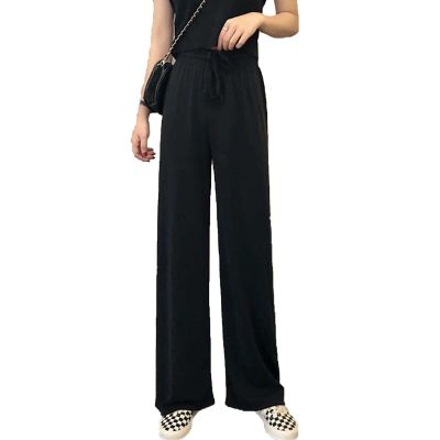 DGHM-JLMY Women's Solid Color Drape Loose Pants Drawstring Baggy Loose Beach Trousers High Waist Elastic Wide Leg Pants (Black,Small,5,OZ)