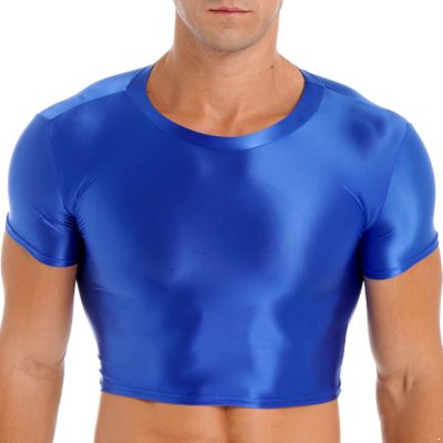 YiZYiF Men's Glossy Short Sleeve Stretchy Workout Half Tank Top Vest Tee Muscle Undershirt Crop Top Blue Large