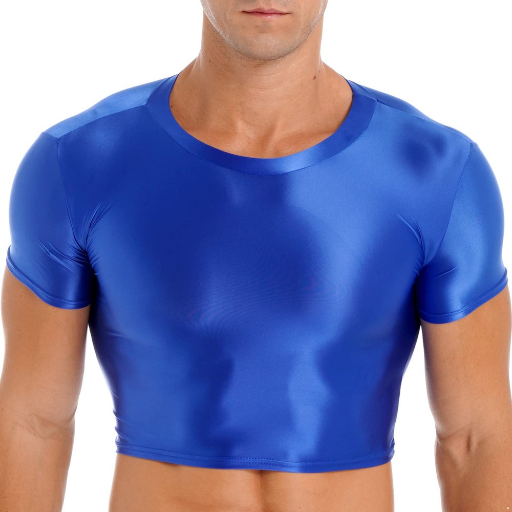 YiZYiF Men's Glossy Short Sleeve Stretchy Workout Half Tank Top Vest Tee Muscle Undershirt Crop Top Blue Large