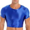 YiZYiF Men's Glossy Short Sleeve Stretchy Workout Half Tank Top Vest Tee Muscle Undershirt Crop Top Blue Large view 1