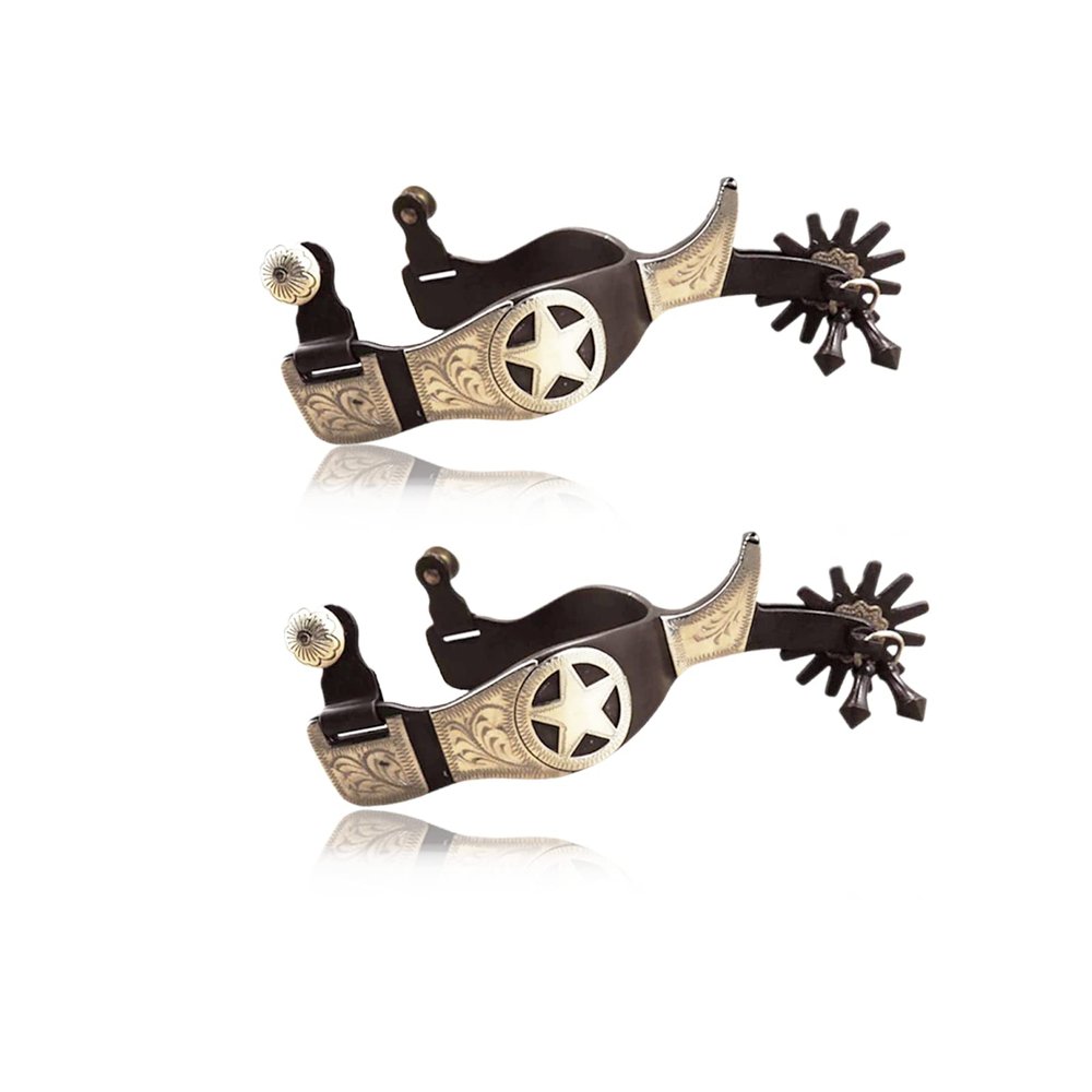 KUIDAMOS Horse Spurs 1Pair,Antique Brass Western Style Spur with Hand Carved Decoraation Silver Spurs for Boots Men and Women Antique Brown Boot Spurs for Cowboy Boots Equestrian Training