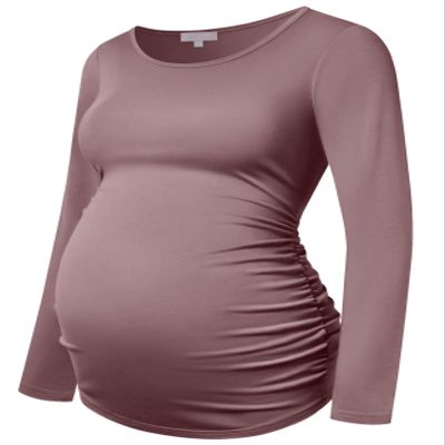 Bhome Maternity Shirt Long Sleeve Basic Top Ruch Sides Bodycon Tshirt for Pregnant Women Mauve XXL