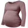 Bhome Maternity Shirt Long Sleeve Basic Top Ruch Sides Bodycon Tshirt for Pregnant Women Mauve XXL view 1