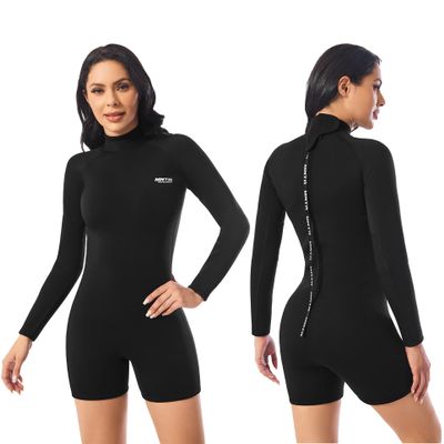 MWTA Womens Shorty Wetsuit, 2mm Neoprene Long Sleeve Swimsuit with Back Zip, Offers UV Protection, Wetsuit for Diving Snorkeling Swimming Surfing, Size 2