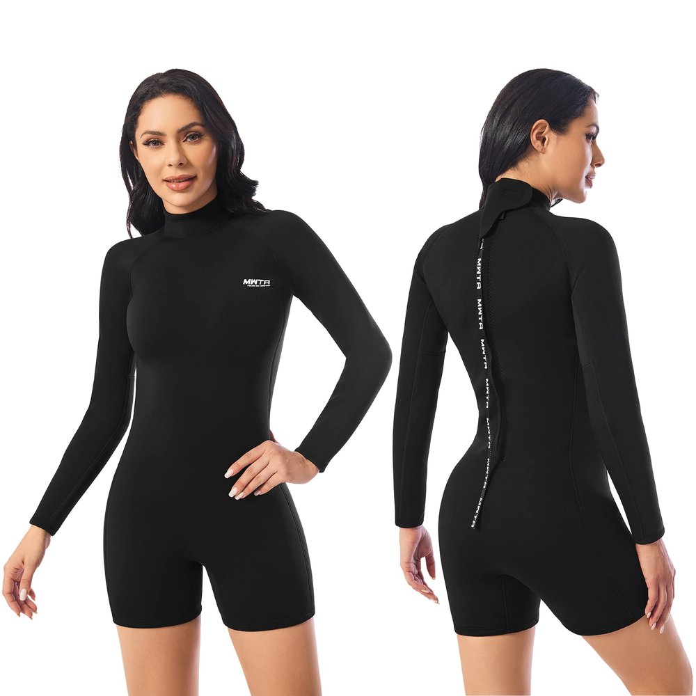 MWTA Womens Shorty Wetsuit, 2mm Neoprene Long Sleeve Swimsuit with Back Zip, Offers UV Protection, Wetsuit for Diving Snorkeling Swimming Surfing, Size 2