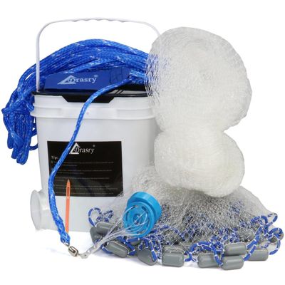 Drasry Saltwater Fishing Cast Net 3/8 and 1/4 Mesh with Heavy Duty Gray Sinker American Monofilament Fish Throw Net for Bait Trap 3FT 4FT 5FT 6FT 7FT 8FT 9FT Radius 3/8, 8FT Radius /240cm