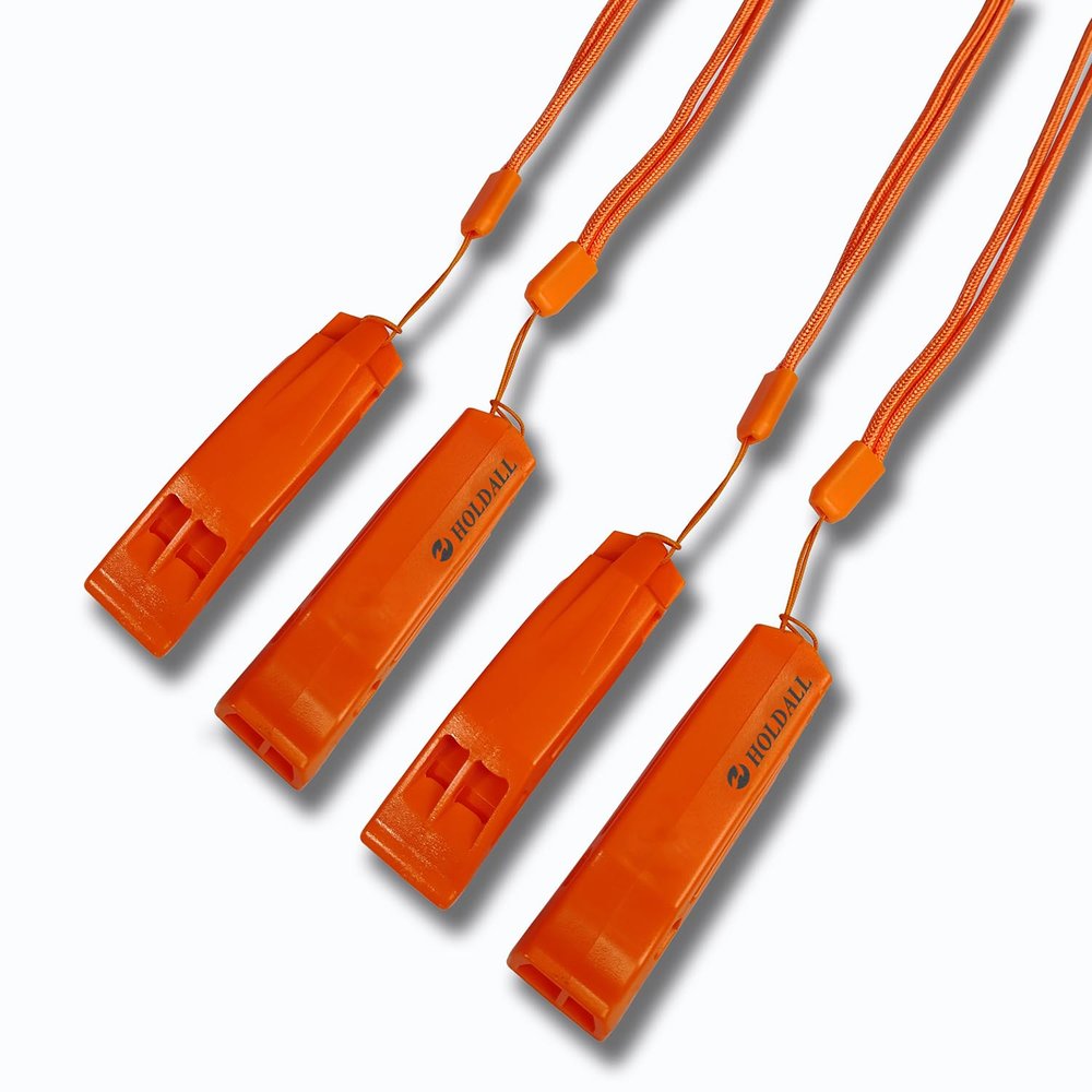 HOLDALL Emergency Safety Whistle with Lanyard, Loud Pea-Less Whistles for Boating Kayaking Life Vest Survival Rescue Signaling. (Orange-4 Pack)