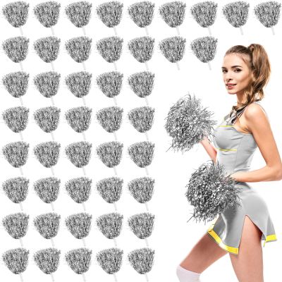 60 Pcs Cheerleading Pom Poms Metallic Foil Cheer Pompoms Bulk with Plastic Handle Cheering Costume Accessory for Football Basketball Cheering Squad Team Spirit Dance Sport Stage Performance(Silver)