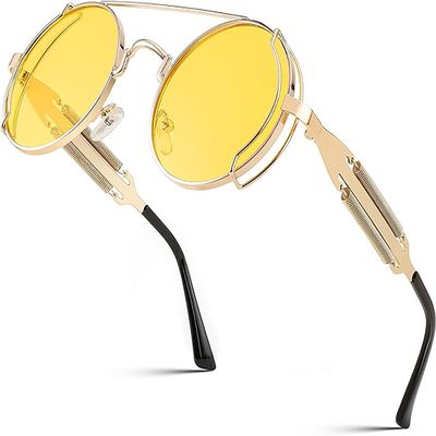 FEISEDY Aviator Sunglasses for Men Women, Retro Steampunk Gothic Round Metal Frame Hippie Glasses B2351