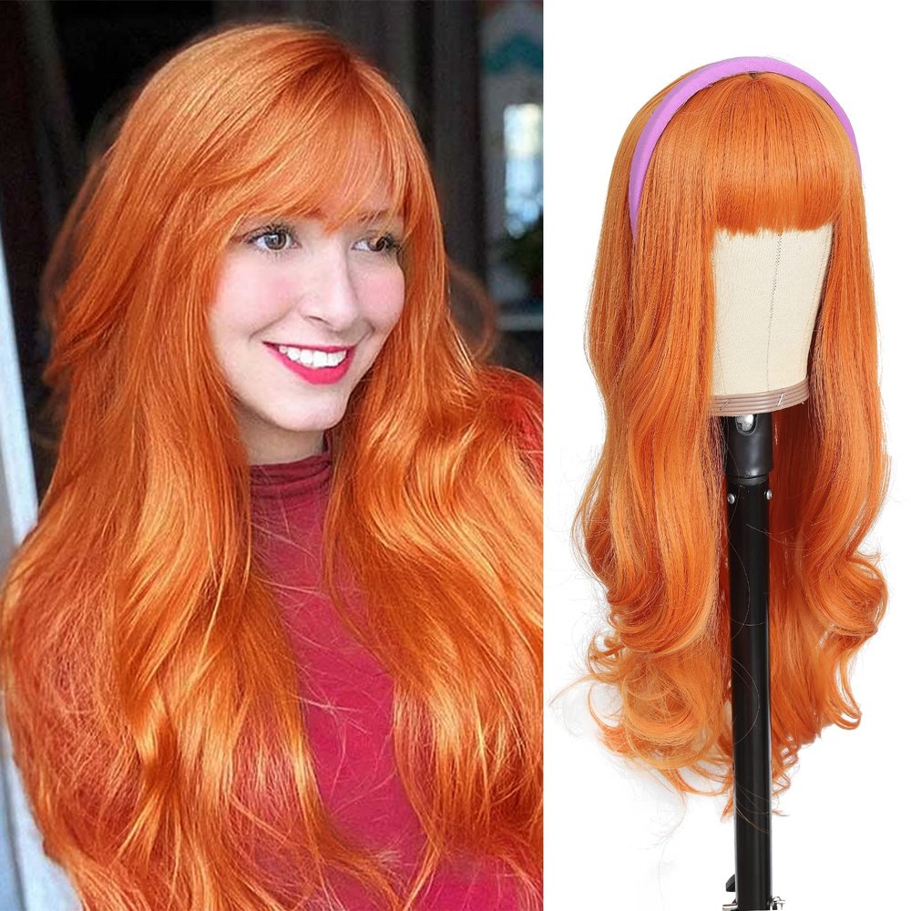 AISI QUEENS Orange Ginger Wig with Bangs Long Wavy Wig for Women Halloween Daphne Cosplay Wig Use Heat Resistant Synthetic (26inch, Orange)