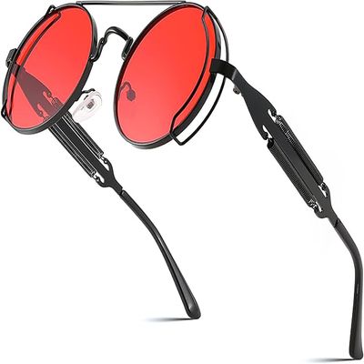 FEISEDY Sunglasses Steampunk Mens Women Aviators Retro Round Sunglasses Metal Frame Fishing Driving Hippie Glasses B2351
