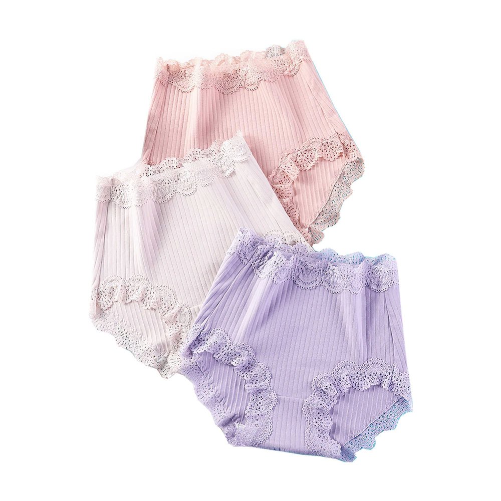 3 Pcs 100kg Women's High Waist Briefs Lace Lingerie Sexy Panties Plus Size Underwear Loose No Trace Summer Shorts Breathable (Color : 7, Size : Medium)