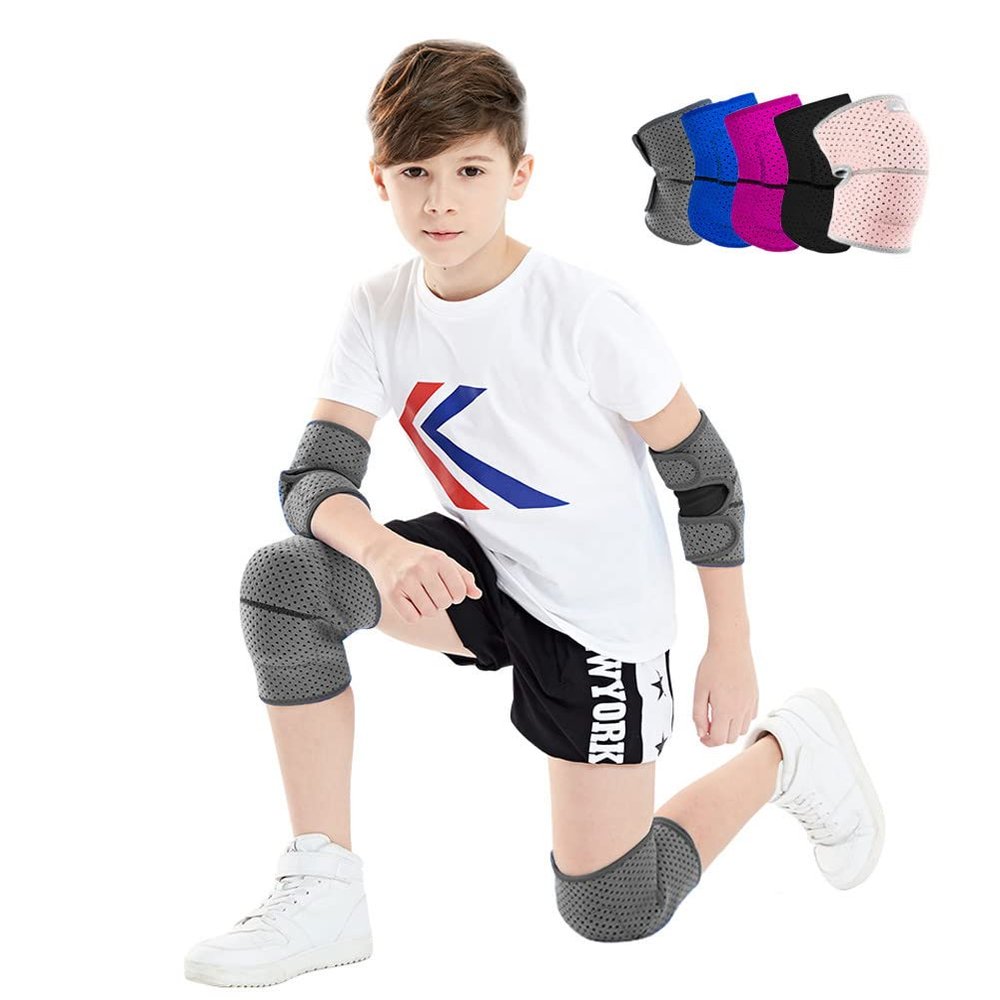 ADLIKES Knee and Elbow Pads Protective Gear Set (4pc) for Cycling Running Volleyball Crashproof Antislip for Kids Youth Gray M