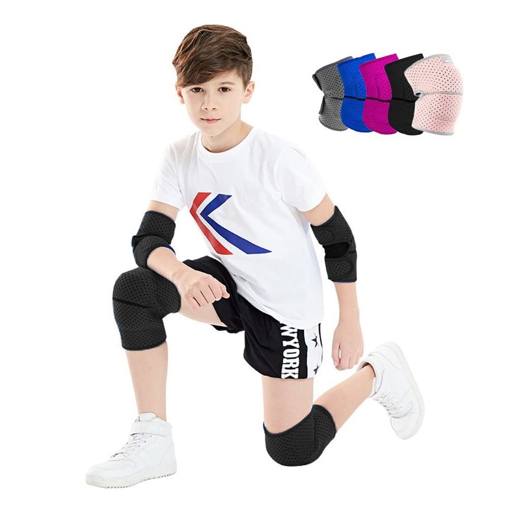 ADLIKES Knee and Elbow Pads Protective Gear Set (4pc) for Cycling Running Volleyball Crashproof Antislip for Kids Youth Black S