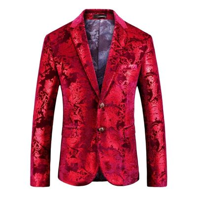 JEsilunmaMY Men's 2 Button Velvet Blazer Slim Fit Notched Lapel Embroidered Jacket Party Wedding Prom Stage Costume Blazers (Red,X-Large)