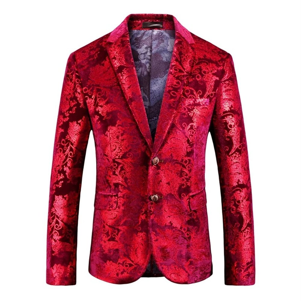 JEsilunmaMY Men's 2 Button Velvet Blazer Slim Fit Notched Lapel Embroidered Jacket Party Wedding Prom Stage Costume Blazers (Red,X-Large)